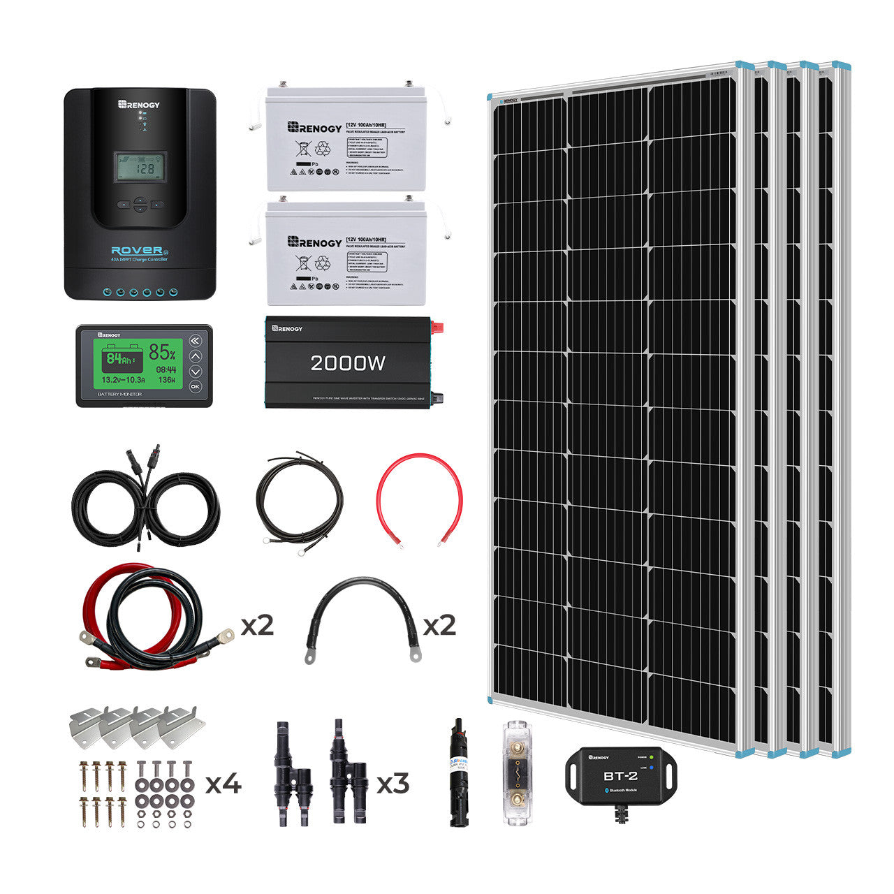 400-Watt 12-Volt Solar Complete Kit w/ 2 Packs of 12-Volt 100Ah Deep Cycle AGM Battery/LiFePO4 Batteries