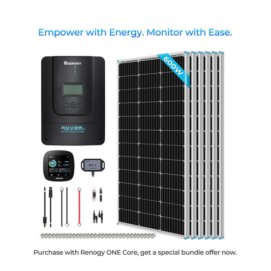 600-Watt 12-Volt/ 24-Volt Solar Premium Kit w/ 60-Amp MPPT Charger Controller + Renogy ONE Core Smart Panel